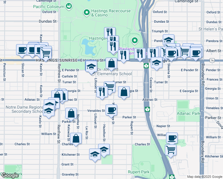 map of restaurants, bars, coffee shops, grocery stores, and more near 3191 East Georgia Street in Vancouver