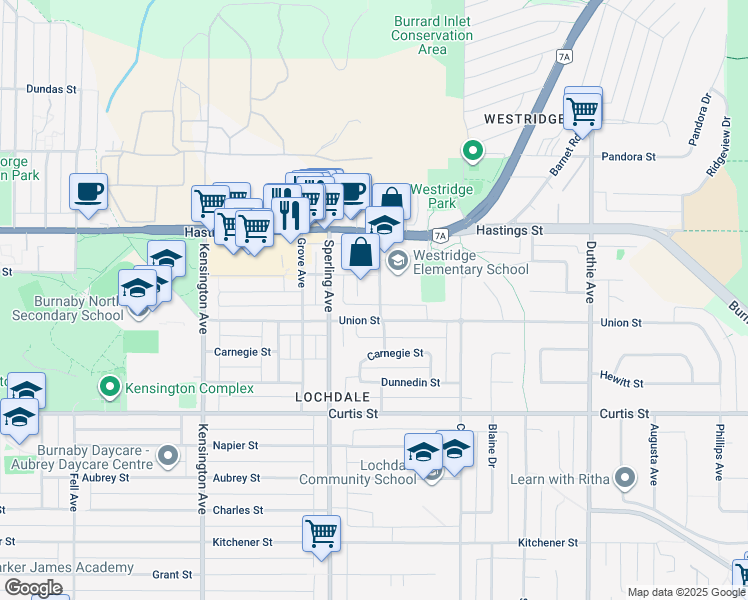 map of restaurants, bars, coffee shops, grocery stores, and more near 675 Duncan Avenue in Burnaby