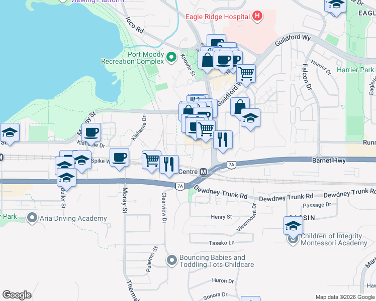 map of restaurants, bars, coffee shops, grocery stores, and more near in Port Moody