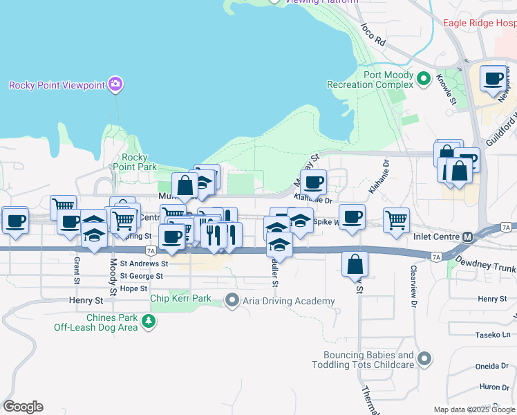 map of restaurants, bars, coffee shops, grocery stores, and more near in Port Moody