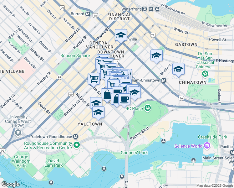 map of restaurants, bars, coffee shops, grocery stores, and more near in Vancouver
