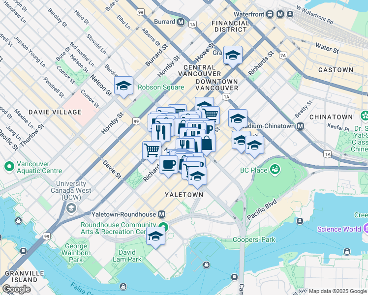 map of restaurants, bars, coffee shops, grocery stores, and more near 910 Richards Street in Vancouver