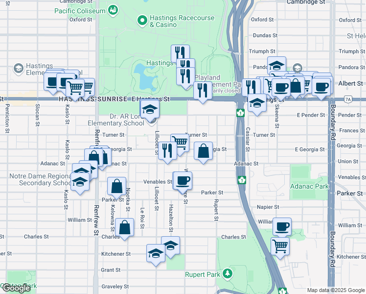 map of restaurants, bars, coffee shops, grocery stores, and more near 3191 East Georgia Street in Vancouver