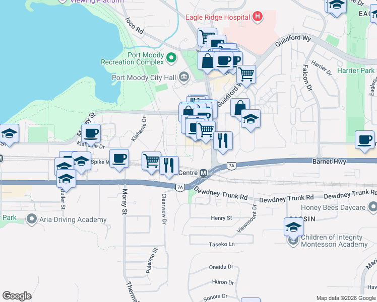 map of restaurants, bars, coffee shops, grocery stores, and more near 305 Morrissey Road in Port Moody
