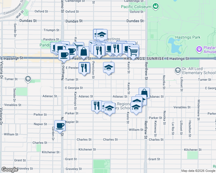 map of restaurants, bars, coffee shops, grocery stores, and more near 2693 East Georgia Street in Vancouver