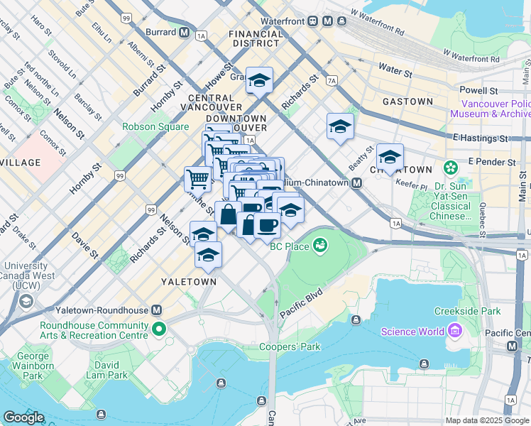 map of restaurants, bars, coffee shops, grocery stores, and more near 1902 Robson Street in Vancouver