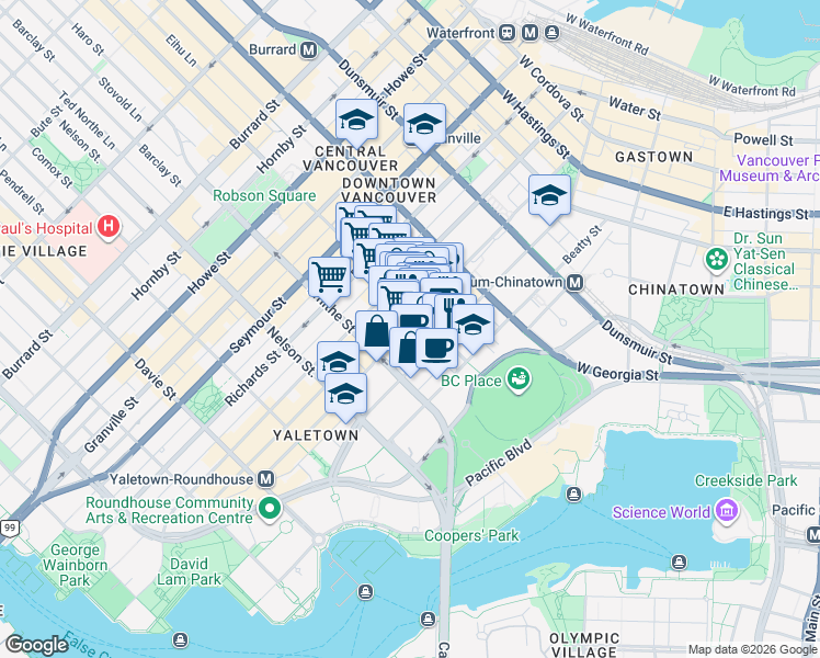 map of restaurants, bars, coffee shops, grocery stores, and more near 838 Hamilton Street in Vancouver