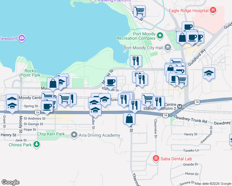 map of restaurants, bars, coffee shops, grocery stores, and more near 301 Klahanie Drive in Port Moody