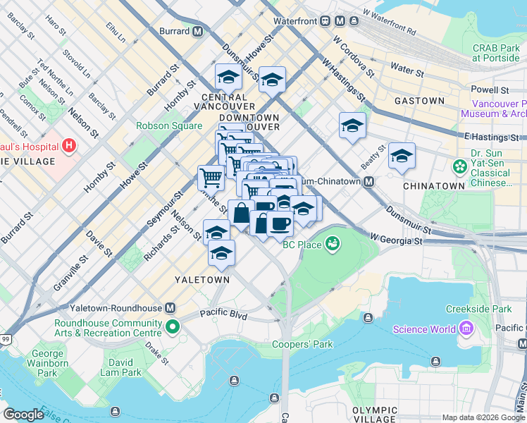 map of restaurants, bars, coffee shops, grocery stores, and more near 838 Hamilton Street in Vancouver