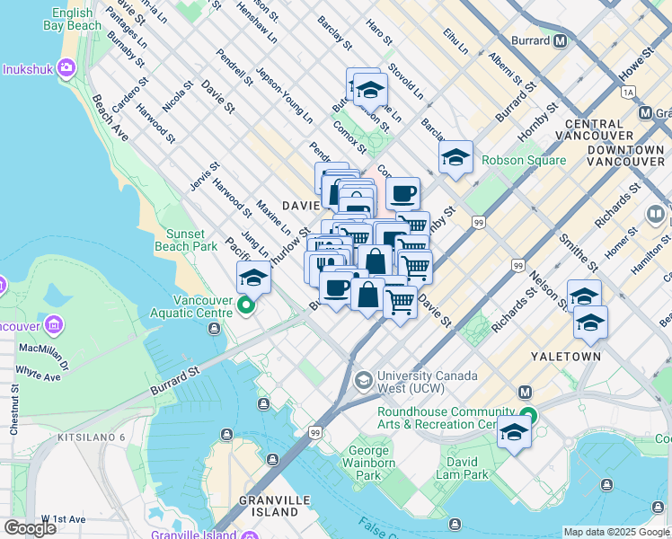 map of restaurants, bars, coffee shops, grocery stores, and more near 1010 Burnaby Street in Vancouver