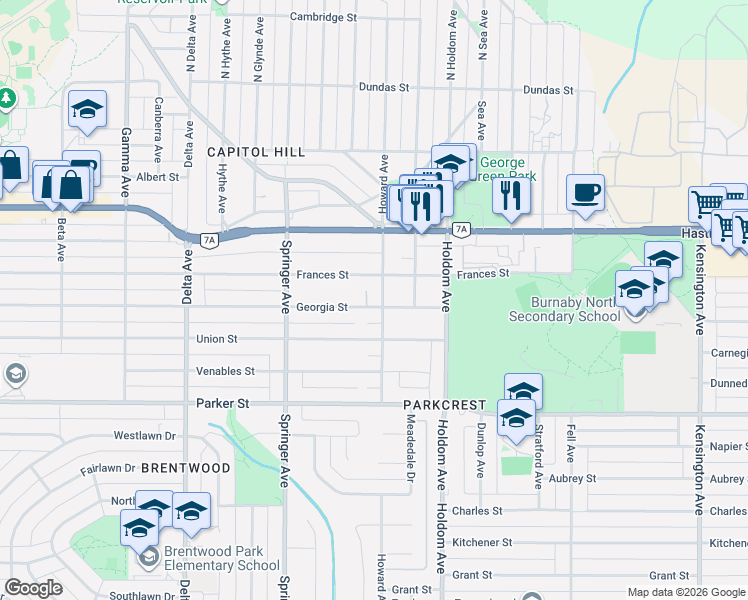 map of restaurants, bars, coffee shops, grocery stores, and more near 5395 Georgia Street in Burnaby