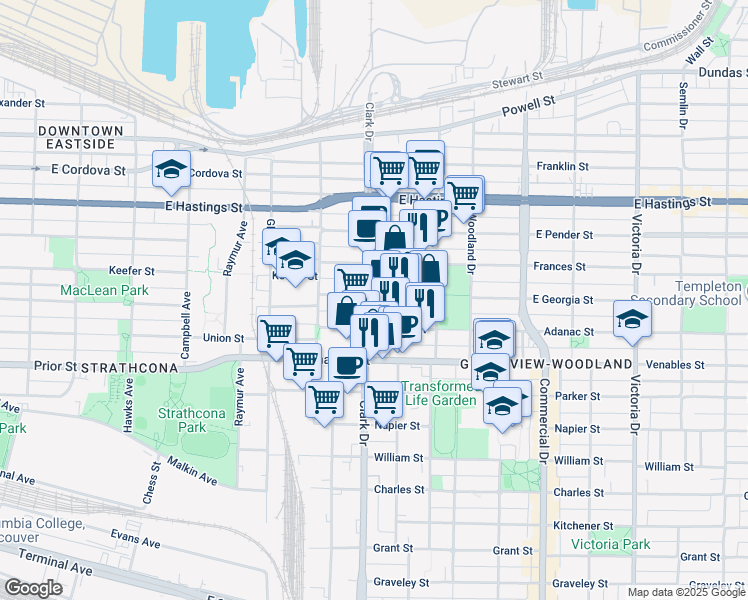 map of restaurants, bars, coffee shops, grocery stores, and more near in Vancouver