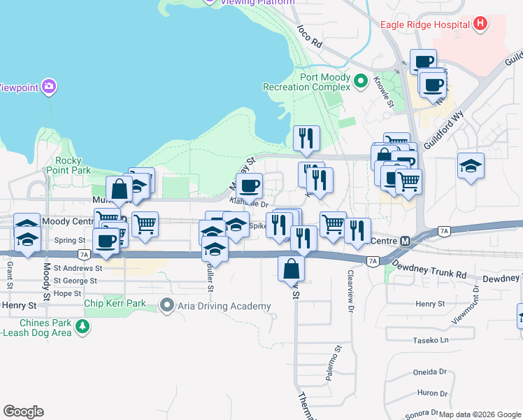 map of restaurants, bars, coffee shops, grocery stores, and more near 301 Klahanie Drive in Port Moody