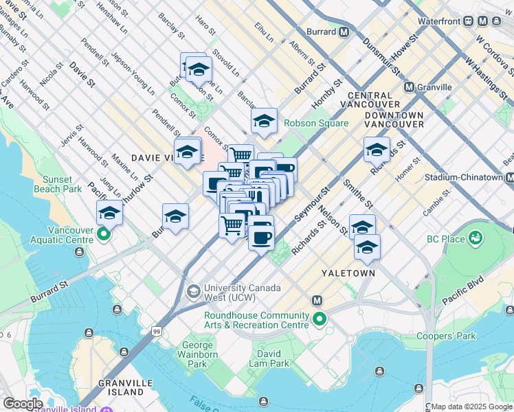 map of restaurants, bars, coffee shops, grocery stores, and more near 1110 Howe Street in Vancouver