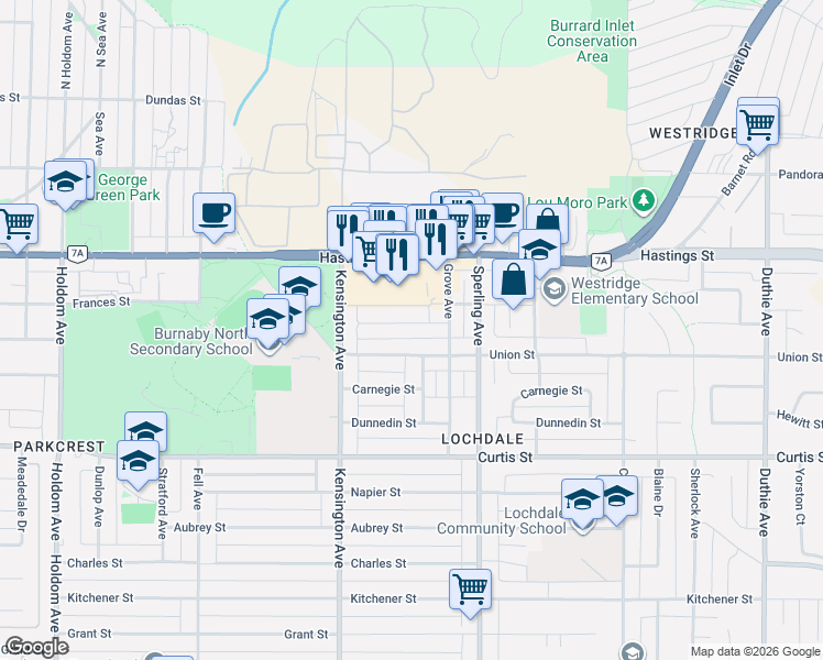 map of restaurants, bars, coffee shops, grocery stores, and more near 6578 East Georgia Street in Burnaby