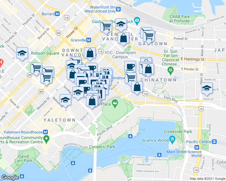 map of restaurants, bars, coffee shops, grocery stores, and more near 710 Beatty Street in Vancouver