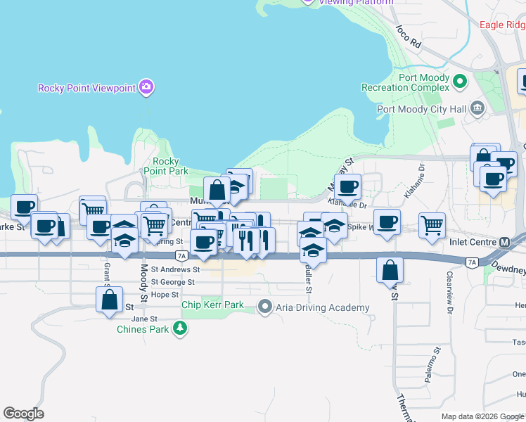 map of restaurants, bars, coffee shops, grocery stores, and more near 3075 Murray Street in Port Moody