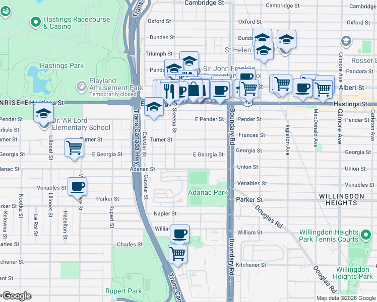 map of restaurants, bars, coffee shops, grocery stores, and more near 3547 East Georgia Street in Vancouver