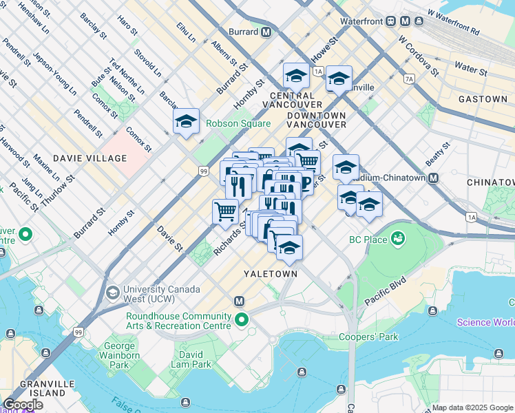 map of restaurants, bars, coffee shops, grocery stores, and more near Richards Street in Vancouver