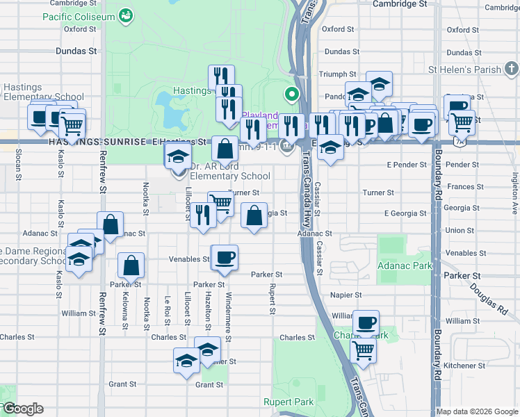 map of restaurants, bars, coffee shops, grocery stores, and more near 3271 East Georgia Street in Vancouver