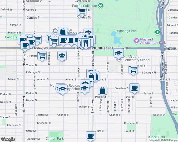 map of restaurants, bars, coffee shops, grocery stores, and more near 2881 East Georgia Street in Vancouver