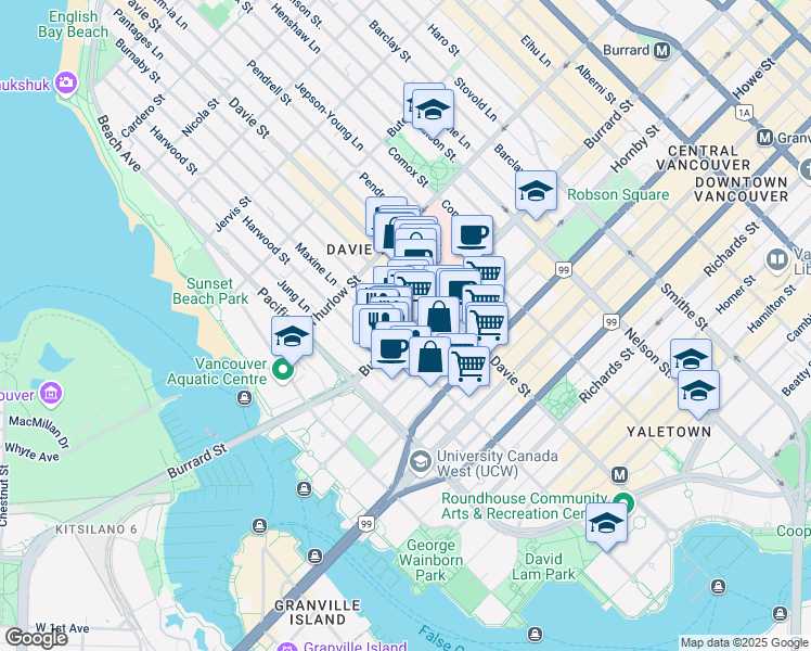 map of restaurants, bars, coffee shops, grocery stores, and more near 1000 Burnaby Street in Vancouver