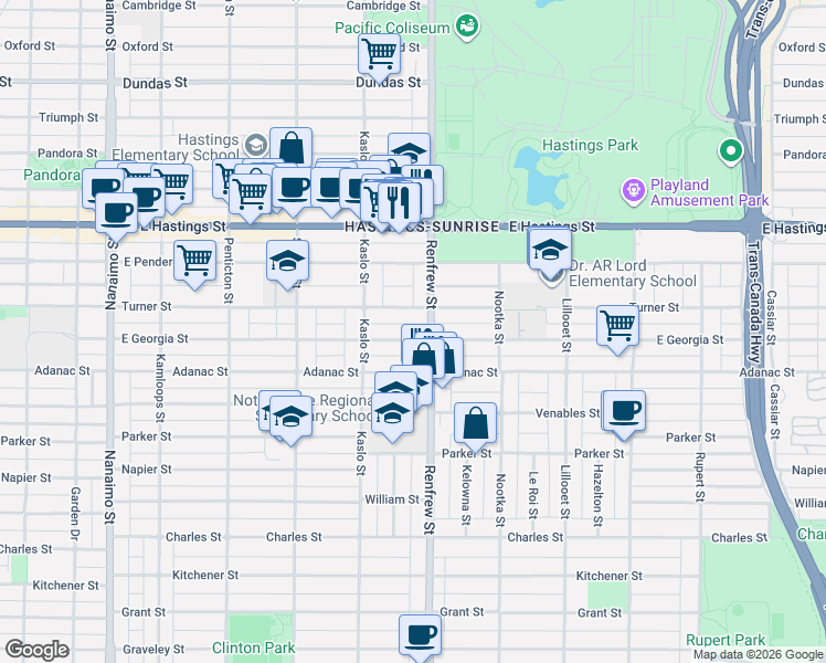 map of restaurants, bars, coffee shops, grocery stores, and more near 2881 East Georgia Street in Vancouver