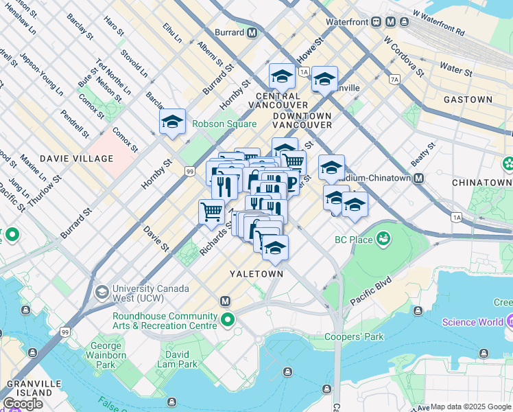 map of restaurants, bars, coffee shops, grocery stores, and more near 936 Richards Street in Vancouver