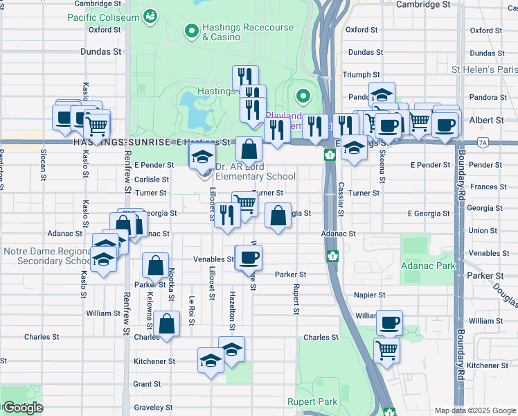 map of restaurants, bars, coffee shops, grocery stores, and more near 3205 East Georgia Street in Vancouver