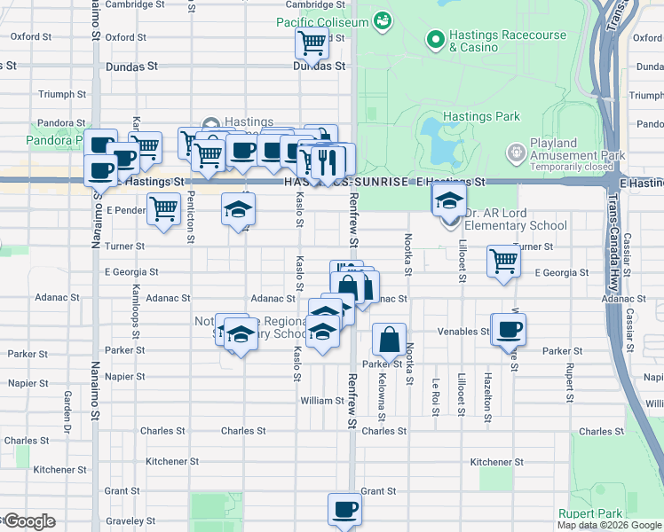 map of restaurants, bars, coffee shops, grocery stores, and more near 2867 East Georgia Street in Vancouver