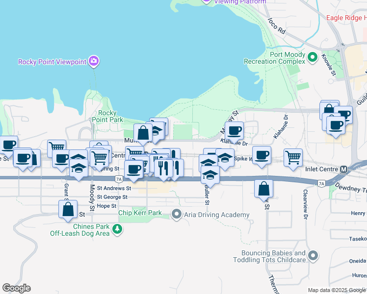 map of restaurants, bars, coffee shops, grocery stores, and more near 3075 Murray Street in Port Moody