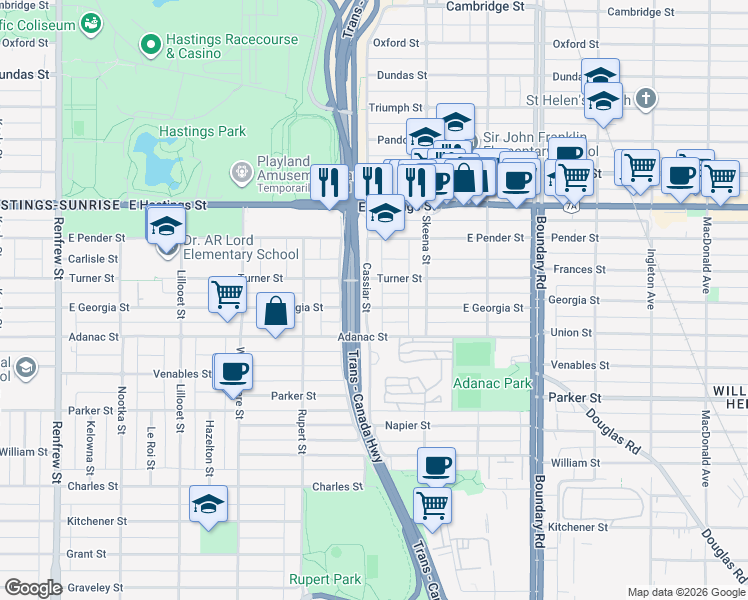 map of restaurants, bars, coffee shops, grocery stores, and more near 636 Cassiar Street in Vancouver