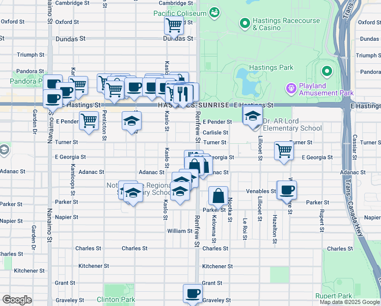 map of restaurants, bars, coffee shops, grocery stores, and more near 2885 East Georgia Street in Vancouver
