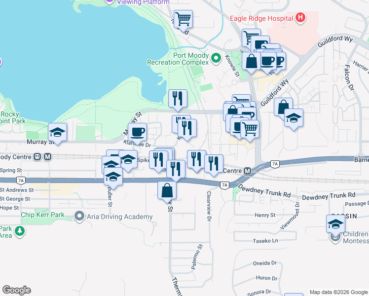 map of restaurants, bars, coffee shops, grocery stores, and more near 651 Nootka Way in Port Moody