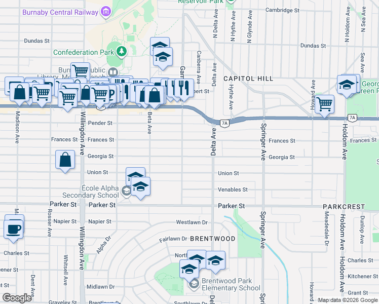 map of restaurants, bars, coffee shops, grocery stores, and more near 4817 Georgia Street in Burnaby