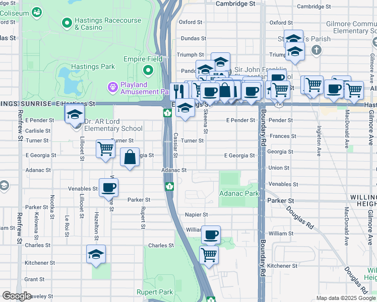 map of restaurants, bars, coffee shops, grocery stores, and more near 3425 Georgia Street in Vancouver