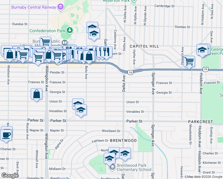 map of restaurants, bars, coffee shops, grocery stores, and more near 4825 Georgia Street in Burnaby