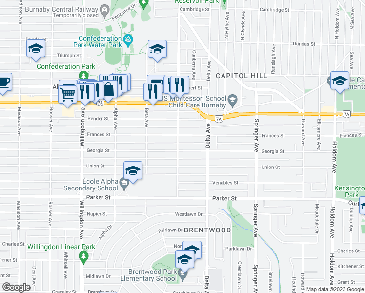 map of restaurants, bars, coffee shops, grocery stores, and more near 4809 Georgia Street in Burnaby