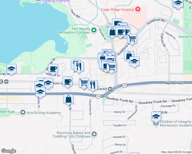 map of restaurants, bars, coffee shops, grocery stores, and more near in Port Moody