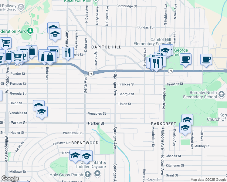 map of restaurants, bars, coffee shops, grocery stores, and more near 5181 Georgia Street in Burnaby