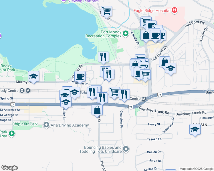 map of restaurants, bars, coffee shops, grocery stores, and more near in Port Moody