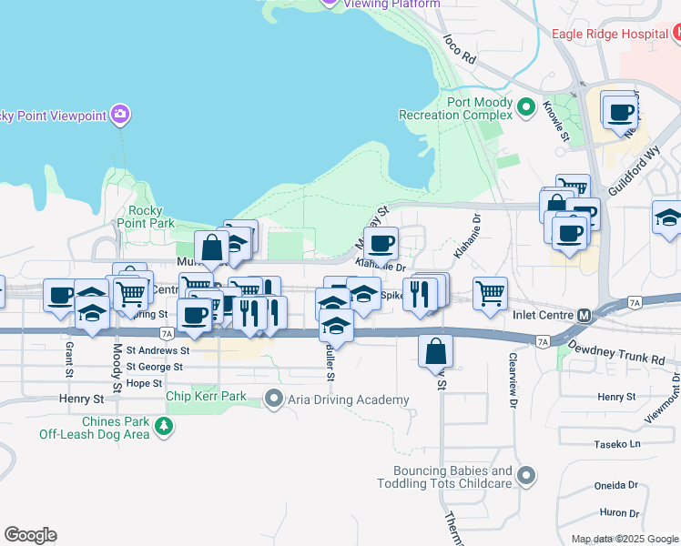 map of restaurants, bars, coffee shops, grocery stores, and more near in Port Moody