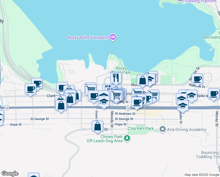 map of restaurants, bars, coffee shops, grocery stores, and more near 2806 Clarke Street in Port Moody