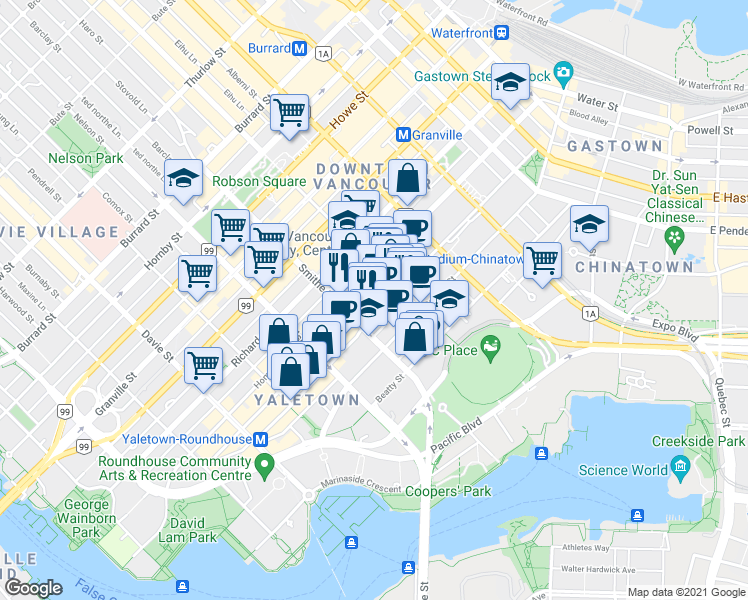 map of restaurants, bars, coffee shops, grocery stores, and more near 847 Hamilton Street in Vancouver