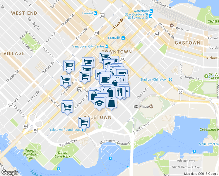 map of restaurants, bars, coffee shops, grocery stores, and more near 891 Homer Street in Vancouver