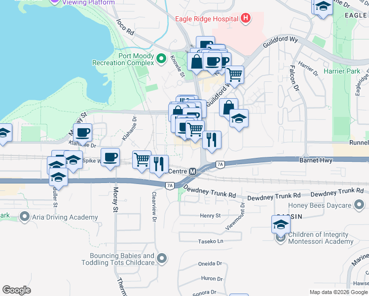 map of restaurants, bars, coffee shops, grocery stores, and more near 335 Capilano Road in Port Moody