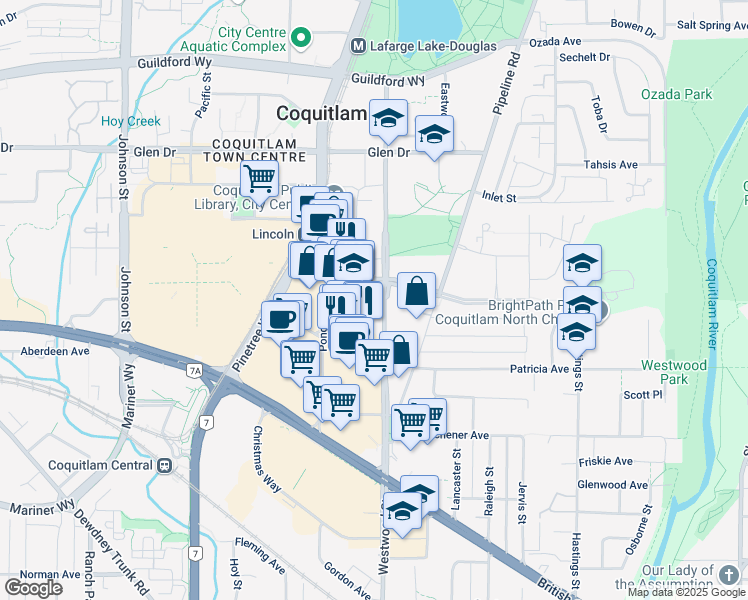 map of restaurants, bars, coffee shops, grocery stores, and more near 1120 Westwood Street in Port Coquitlam