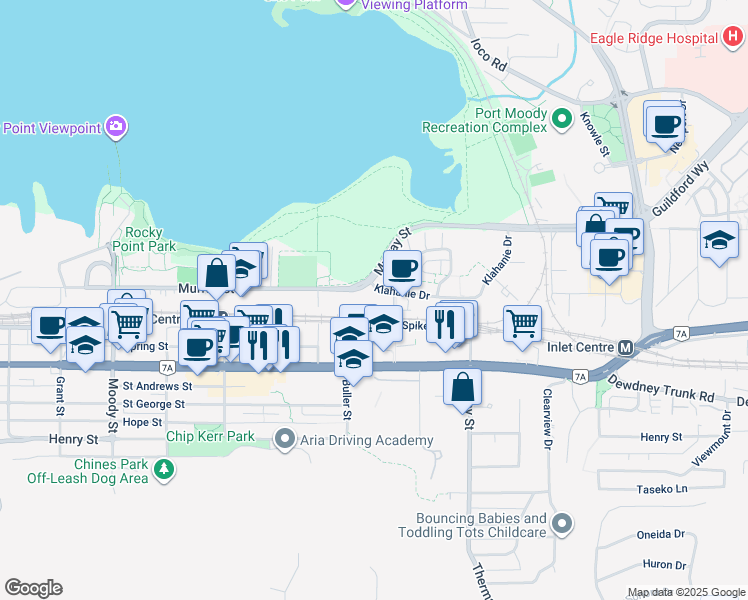 map of restaurants, bars, coffee shops, grocery stores, and more near 55 Klahanie Drive in Port Moody