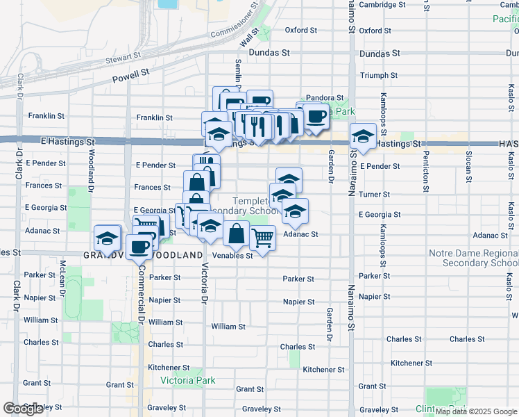 map of restaurants, bars, coffee shops, grocery stores, and more near 2067 East Georgia Street in Vancouver