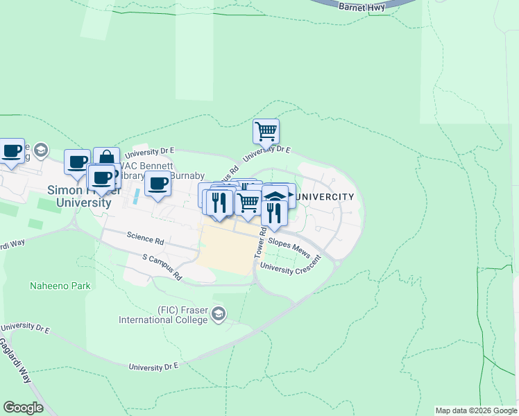 map of restaurants, bars, coffee shops, grocery stores, and more near 9050 Highland Court in Burnaby